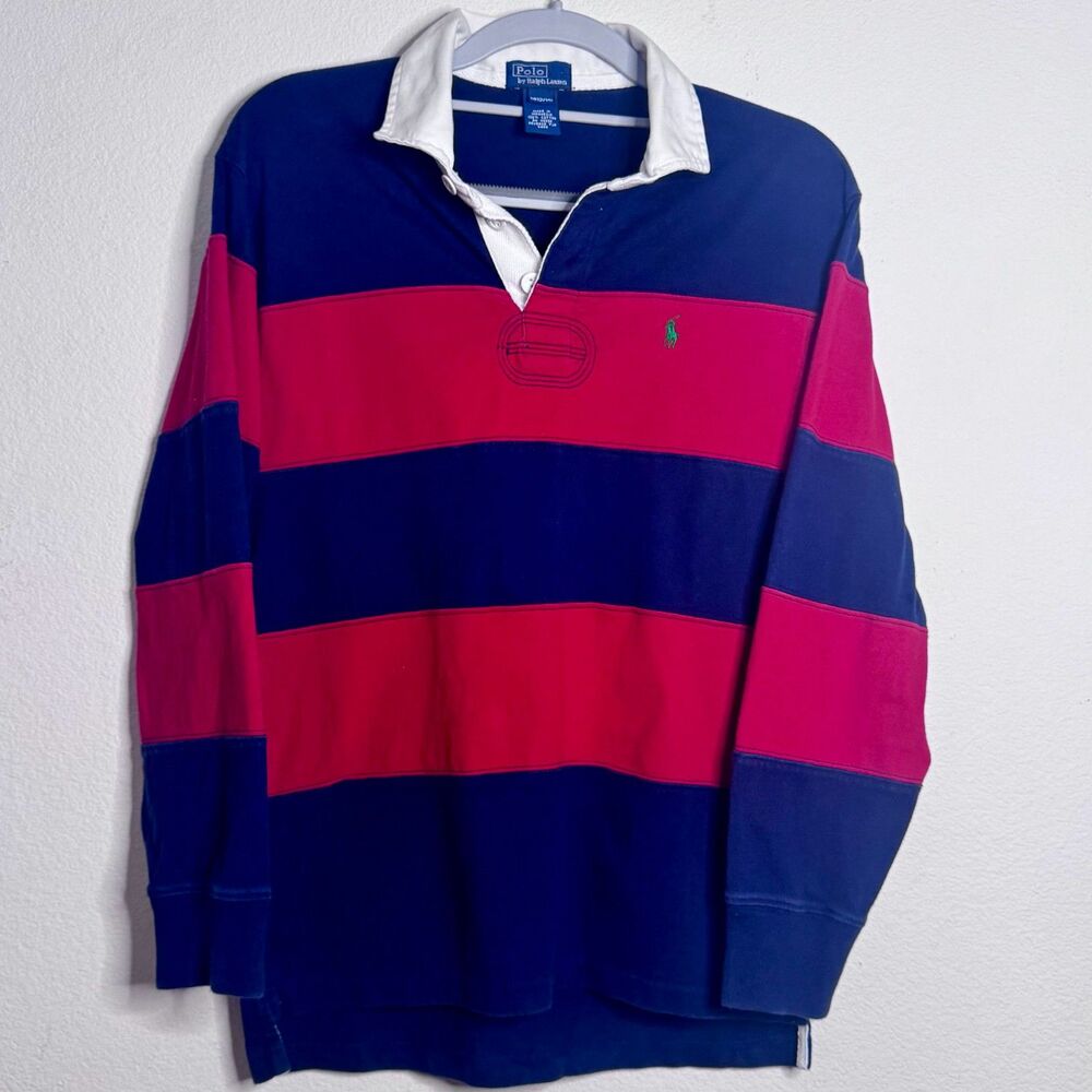 Polo Ralph Lauren Boys Rugby Shirt 12/14 Navy Red Striped Cotton EUC